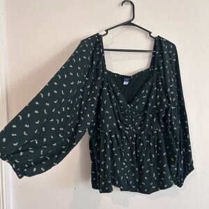 Old Navy Babydoll Blouse Sz 2XL Green Floral Smocked Sweetheart Off Shoulder